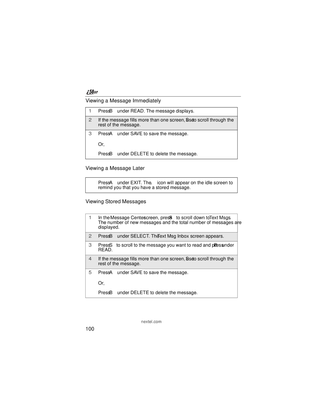 Nextel comm i58sr manual Viewing a Message Immediately, Viewing a Message Later, Viewing Stored Messages, 100 