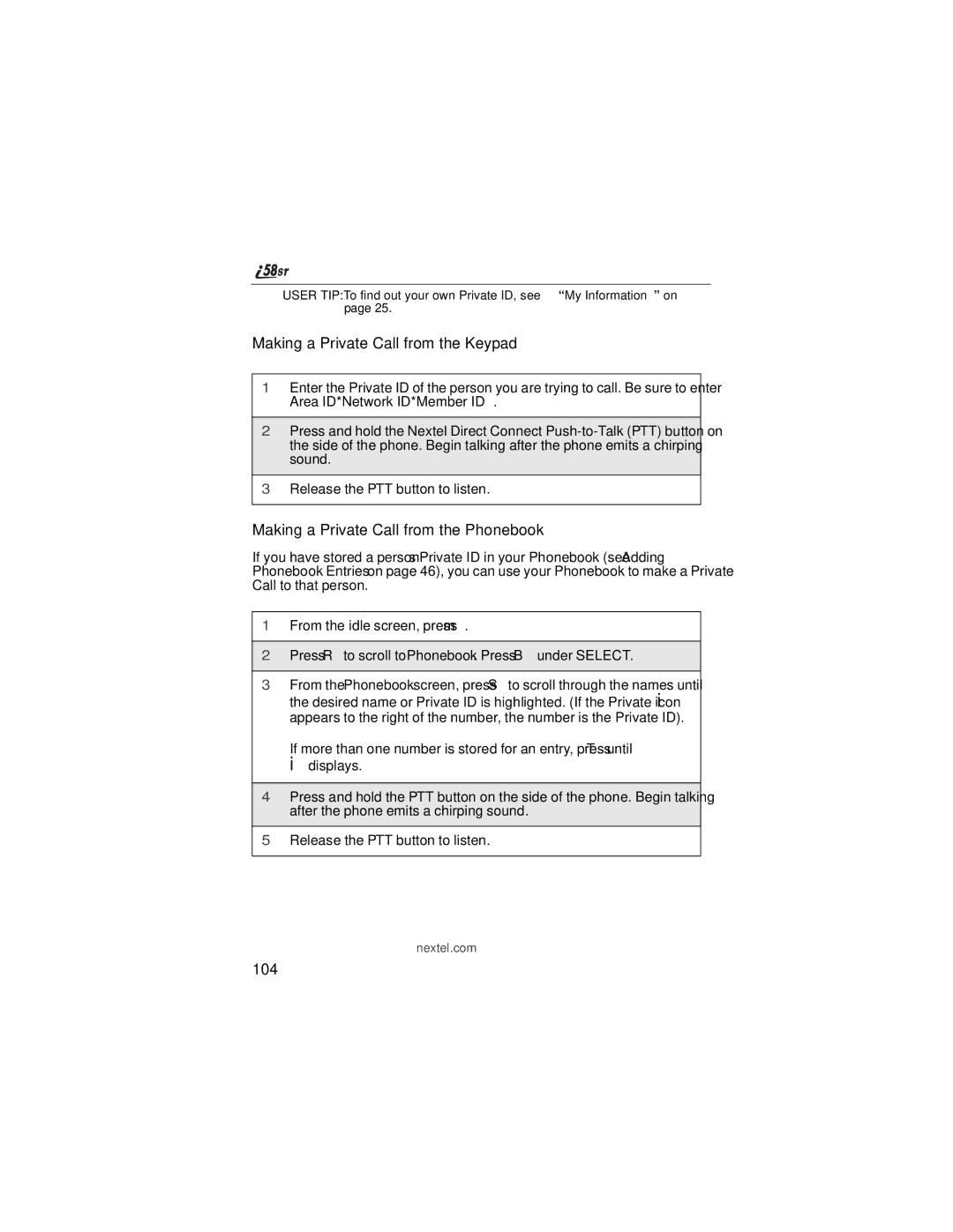 Nextel comm i58sr manual Making a Private Call from the Keypad, Making a Private Call from the Phonebook, 104 