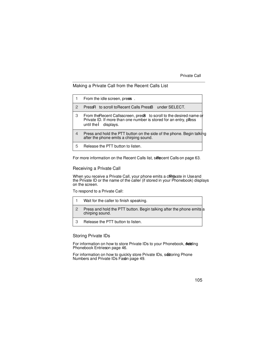 Nextel comm i58sr Making a Private Call from the Recent Calls List, Receiving a Private Call, Storing Private IDs, 105 