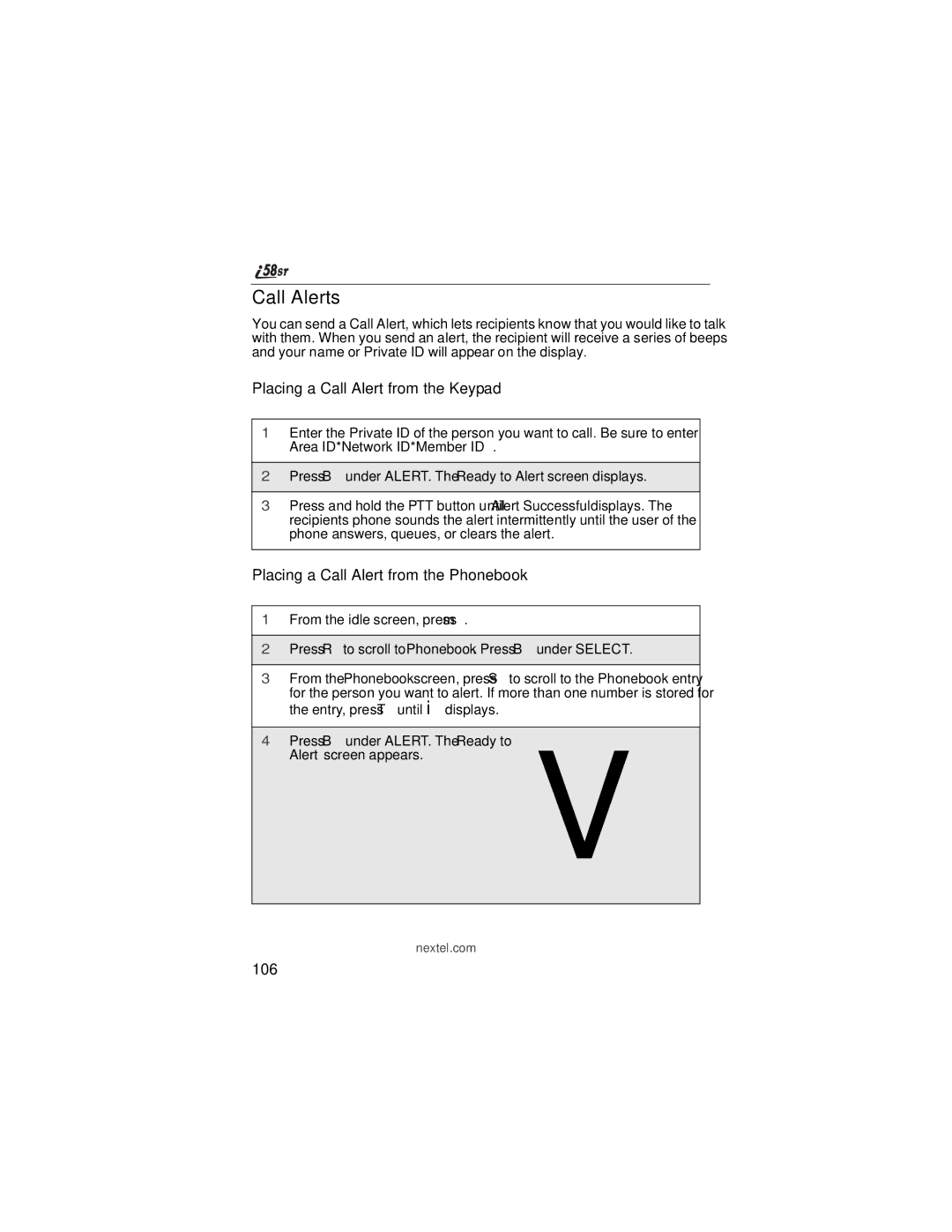 Nextel comm i58sr manual Call Alerts, Placing a Call Alert from the Keypad, Placing a Call Alert from the Phonebook, 106 