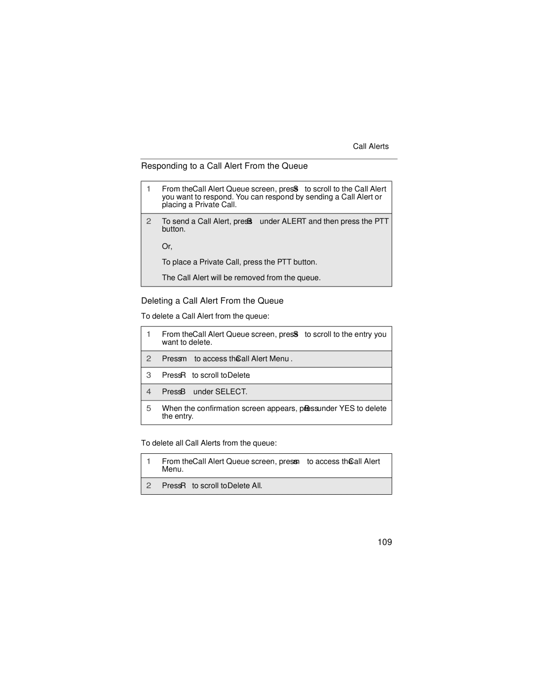 Nextel comm i58sr manual Responding to a Call Alert From the Queue, Deleting a Call Alert From the Queue, 109 