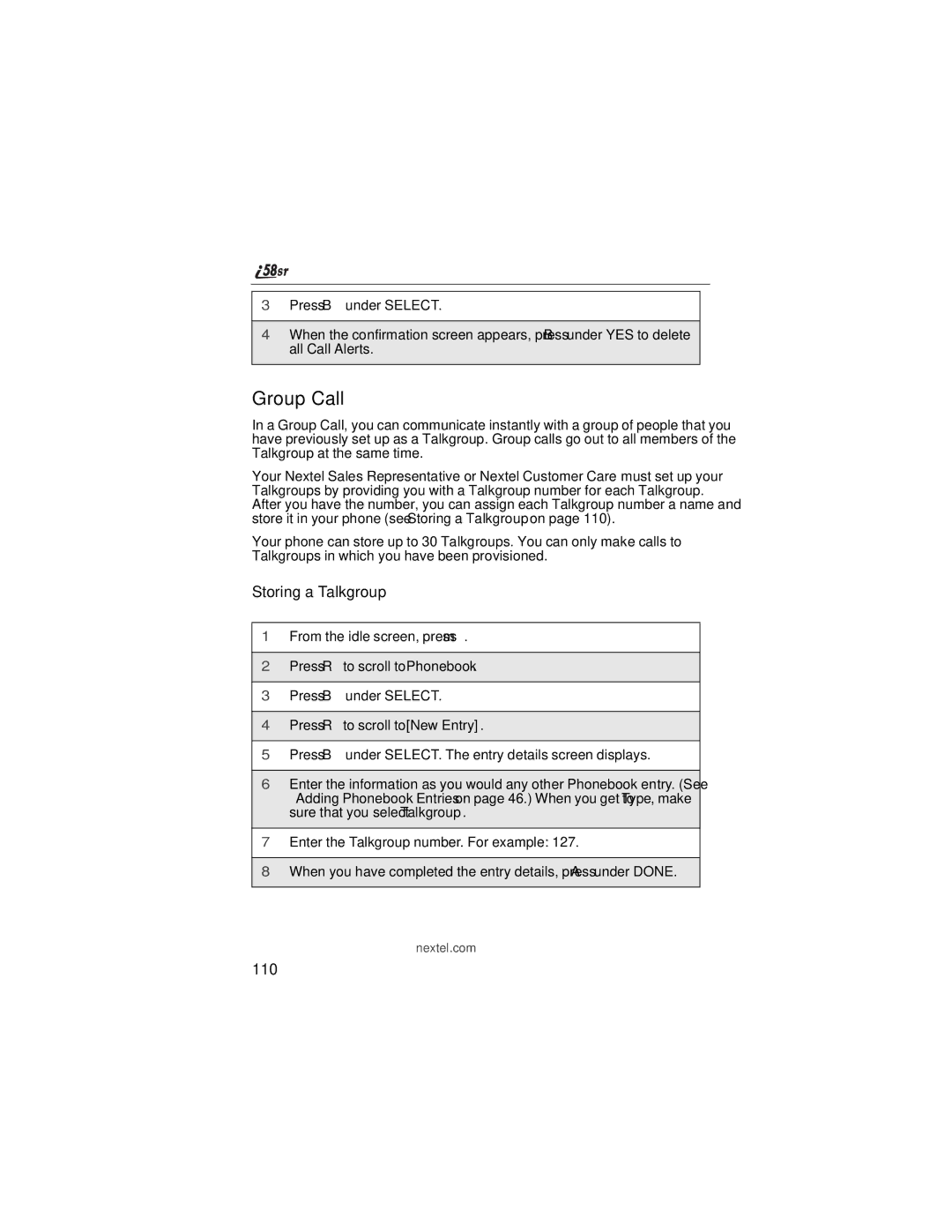 Nextel comm i58sr manual Group Call, Storing a Talkgroup, 110 