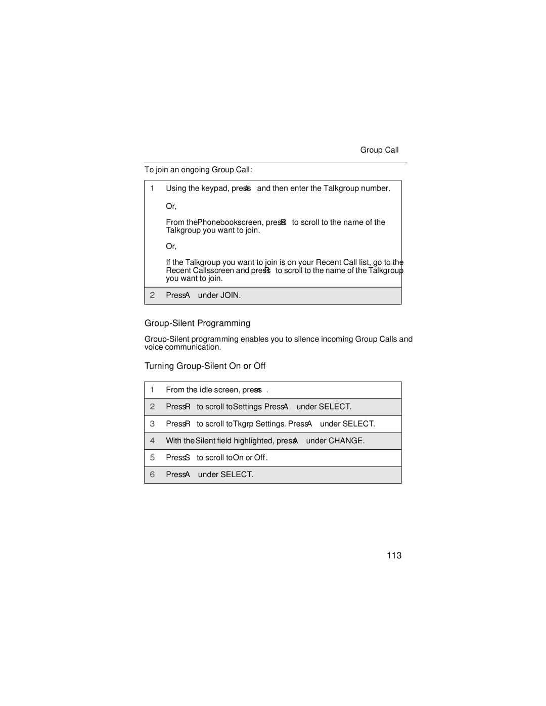 Nextel comm i58sr manual Group-Silent Programming, Turning Group-Silent On or Off, 113 