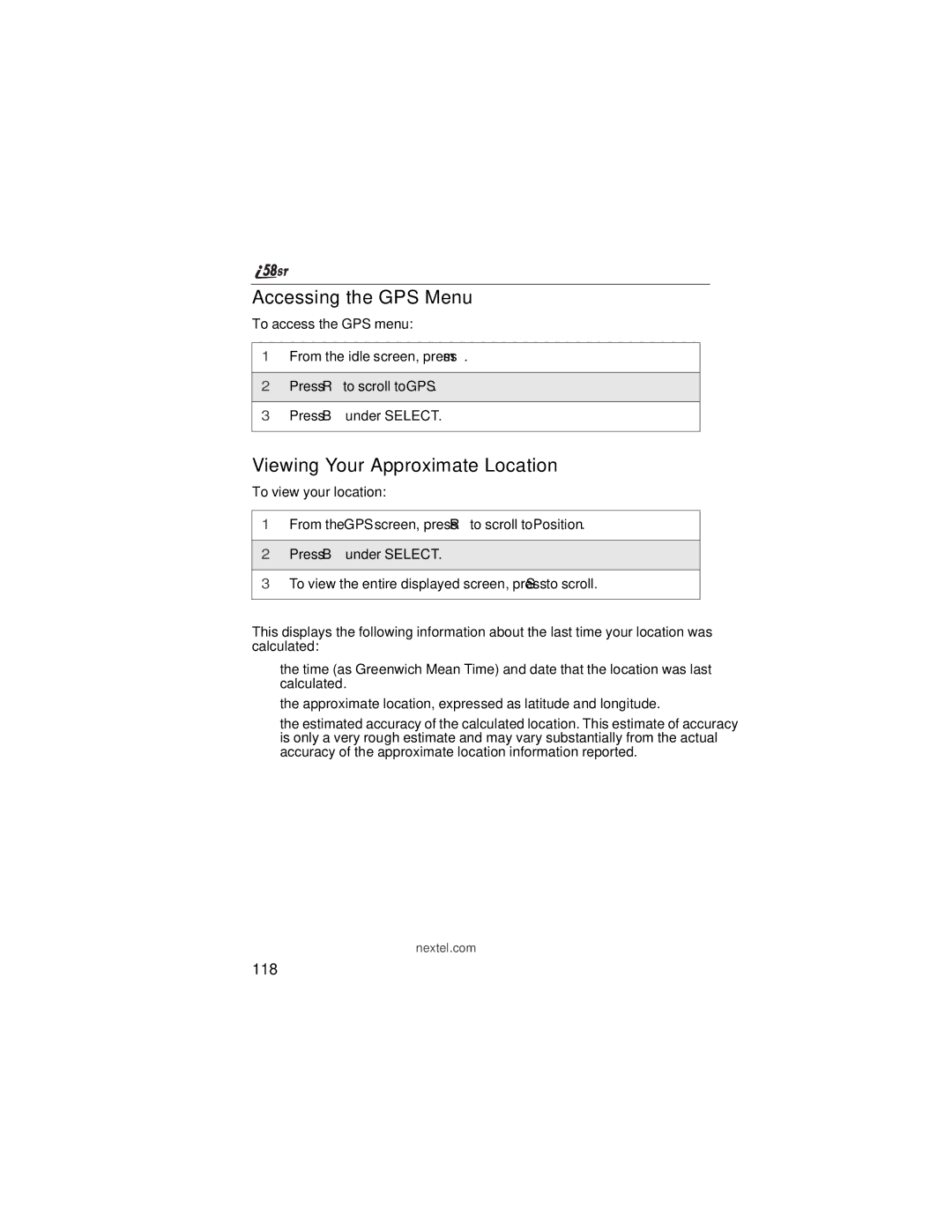 Nextel comm i58sr manual Accessing the GPS Menu, Viewing Your Approximate Location, 118 