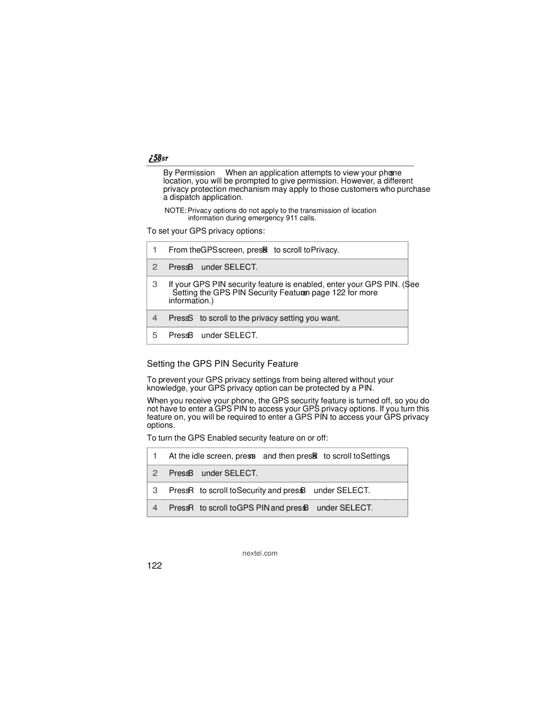 Nextel comm i58sr manual Setting the GPS PIN Security Feature, 122 