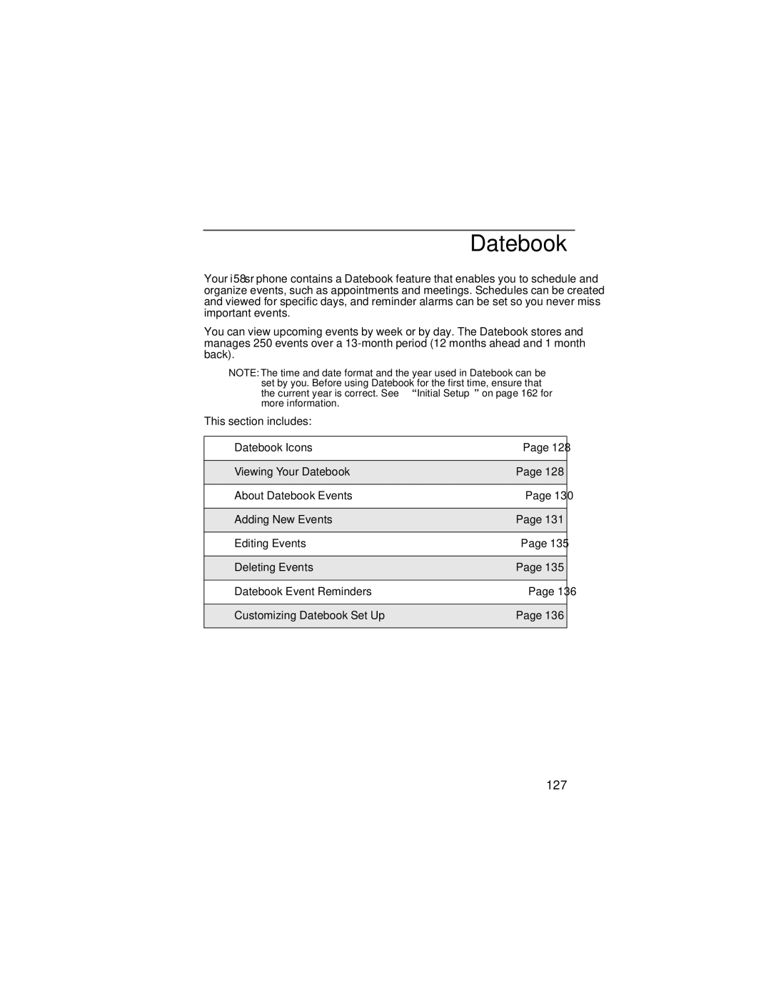 Nextel comm i58sr manual Datebook, 127 