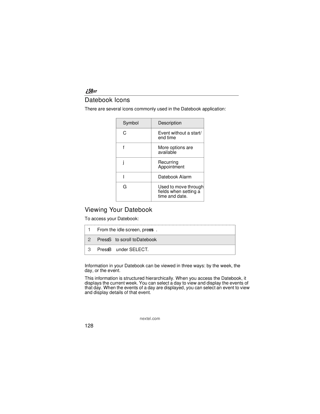 Nextel comm i58sr manual Datebook Icons, Viewing Your Datebook, 128, Symbol Description 