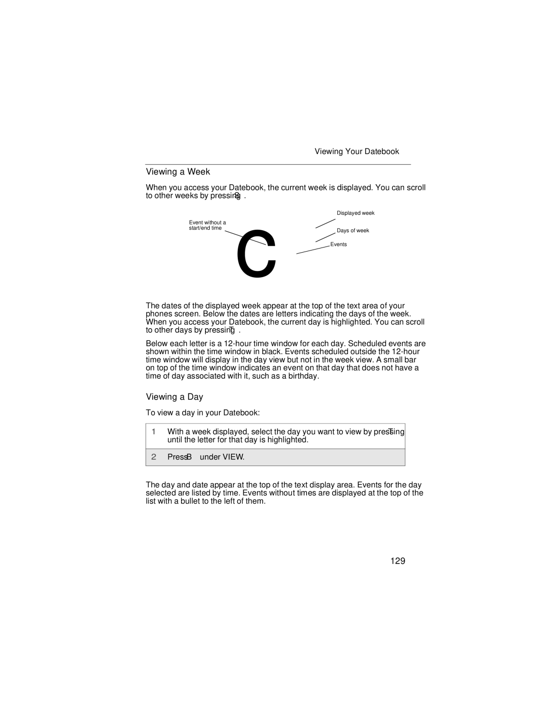 Nextel comm i58sr manual Viewing a Week, Viewing a Day, 129, Viewing Your Datebook 