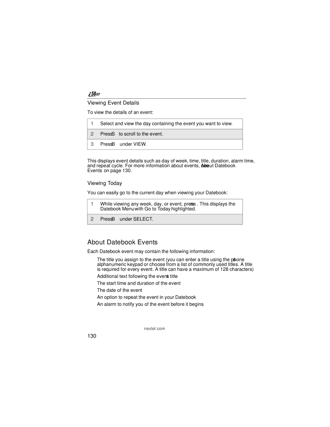 Nextel comm i58sr manual About Datebook Events, Viewing Event Details, Viewing Today, 130 