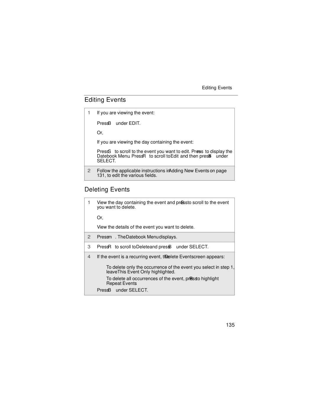 Nextel comm i58sr manual Editing Events, Deleting Events, 135 