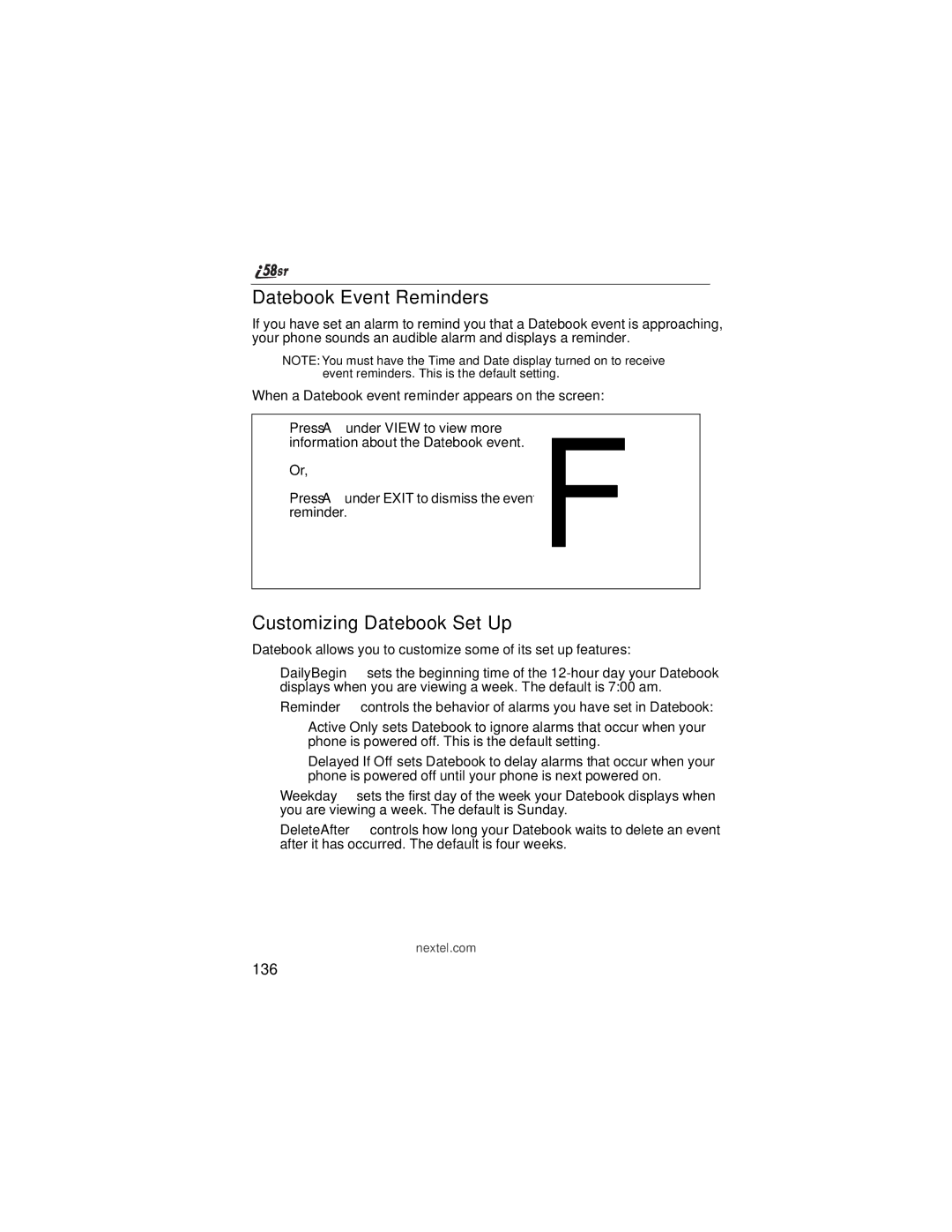 Nextel comm i58sr manual Datebook Event Reminders, Customizing Datebook Set Up, 136 