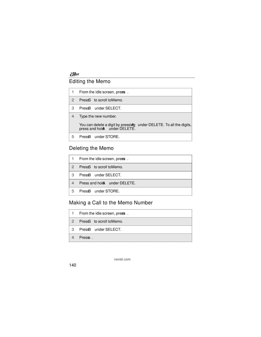 Nextel comm i58sr manual Editing the Memo, Deleting the Memo, Making a Call to the Memo Number, 140 