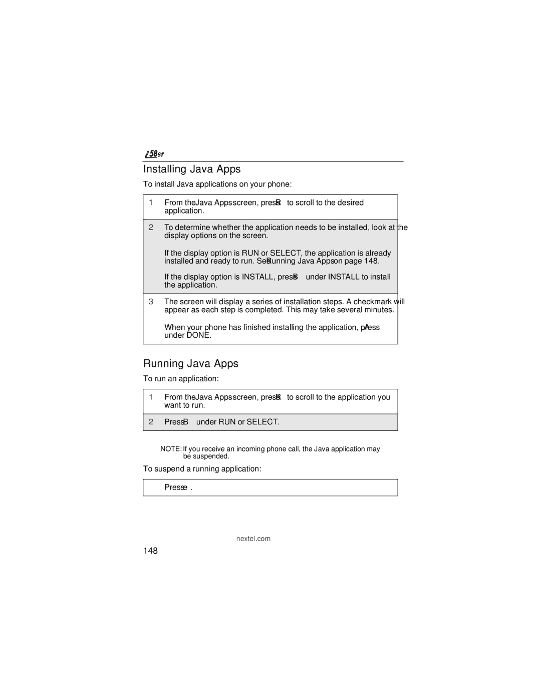 Nextel comm i58sr manual Installing Java Apps, Running Java Apps, 148 