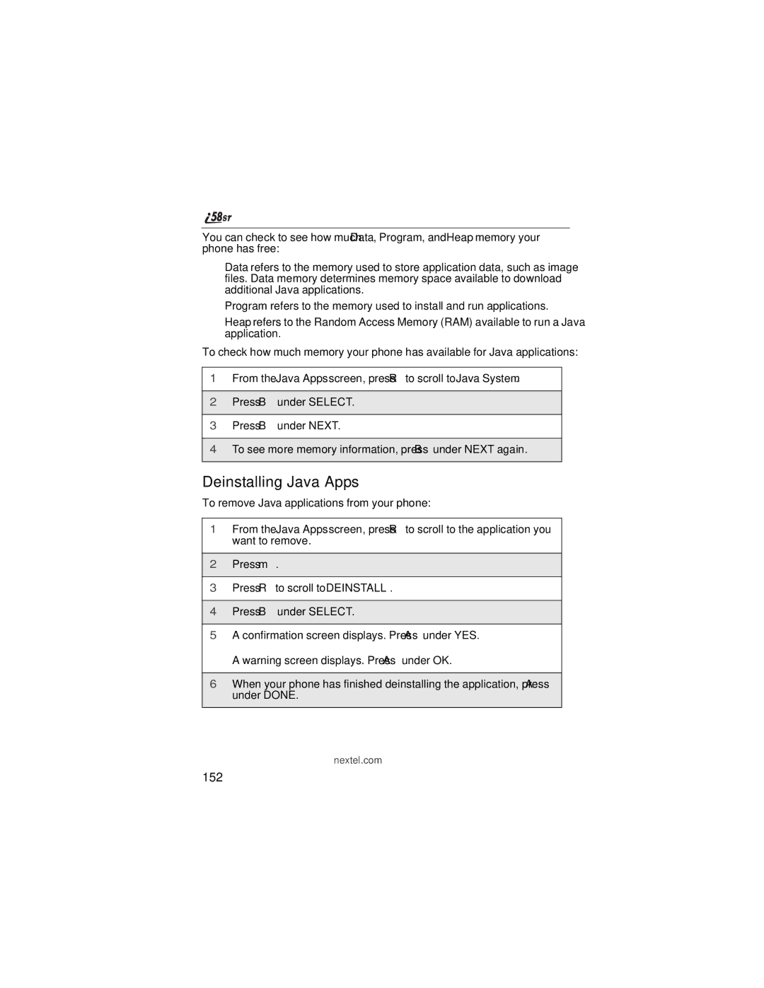 Nextel comm i58sr manual Deinstalling Java Apps, 152 