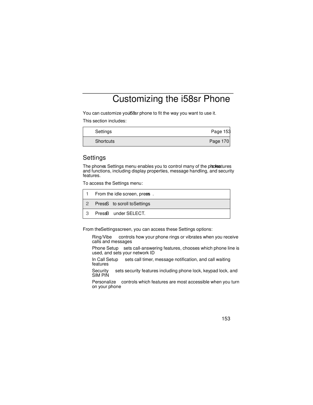 Nextel comm manual Customizing the i58sr Phone, Settings, 153 