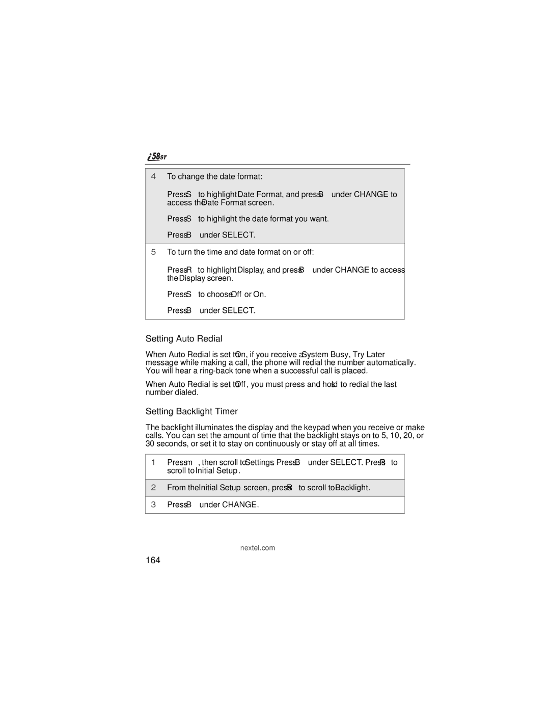 Nextel comm i58sr manual Setting Auto Redial, Setting Backlight Timer, 164 