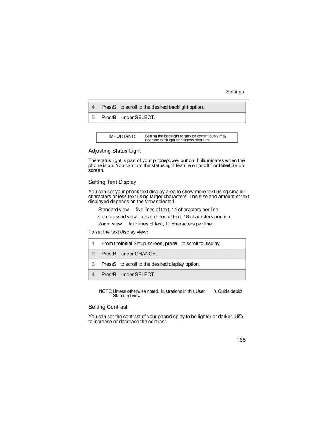 Nextel comm i58sr manual Adjusting Status Light, Setting Text Display, Setting Contrast, 165 