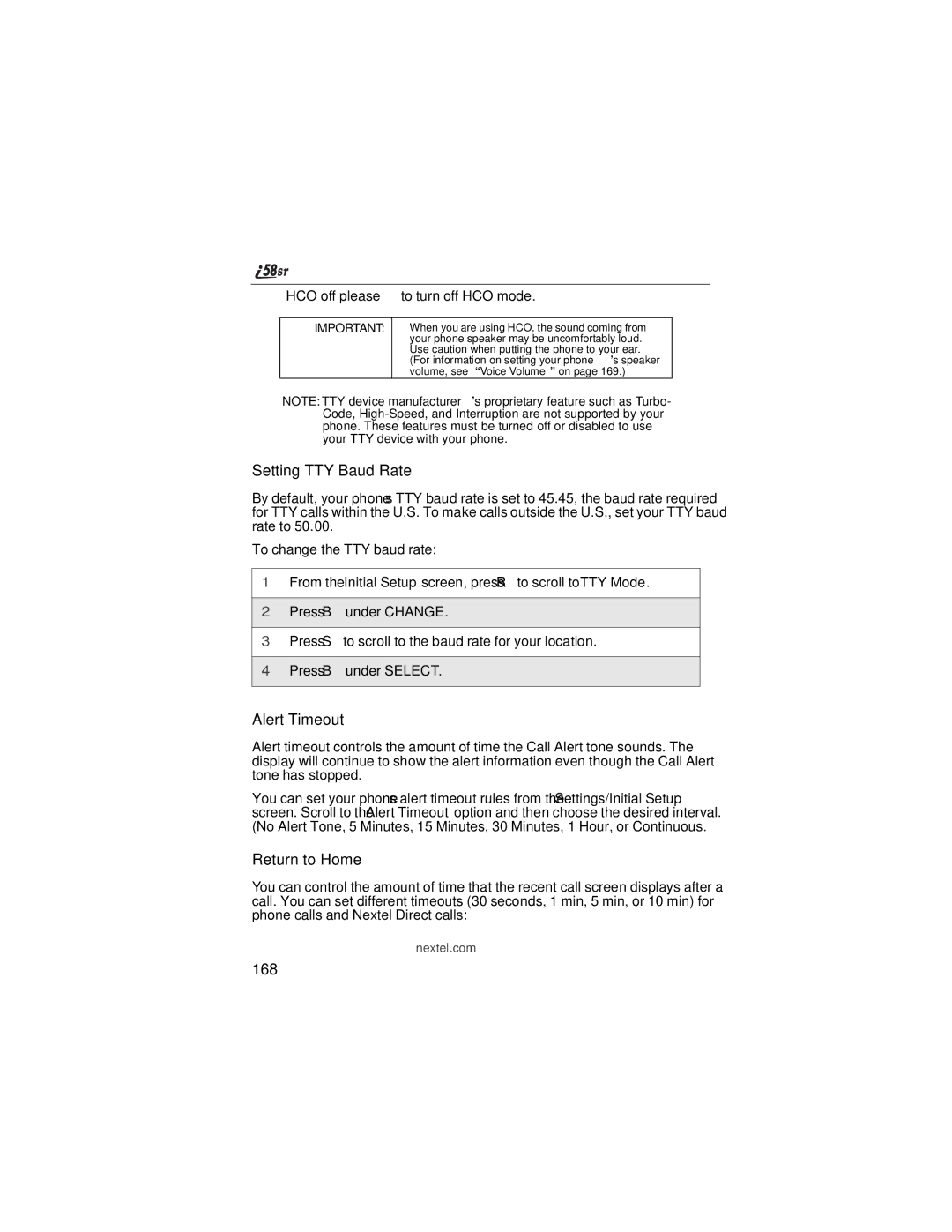 Nextel comm i58sr manual Setting TTY Baud Rate, Alert Timeout, Return to Home, 168 