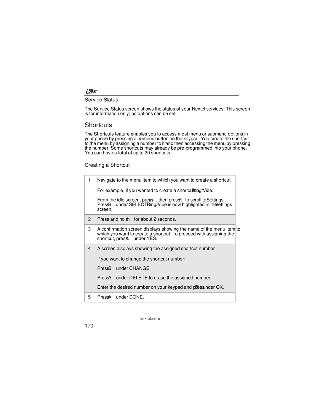 Nextel comm i58sr manual Shortcuts, Service Status, Creating a Shortcut, 170 