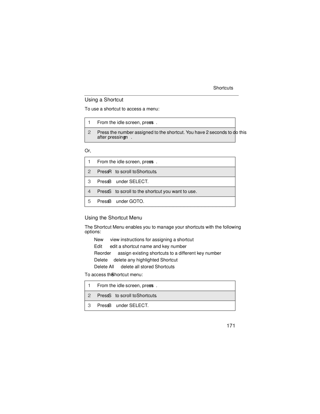 Nextel comm i58sr manual Using a Shortcut, Using the Shortcut Menu, 171, Shortcuts 