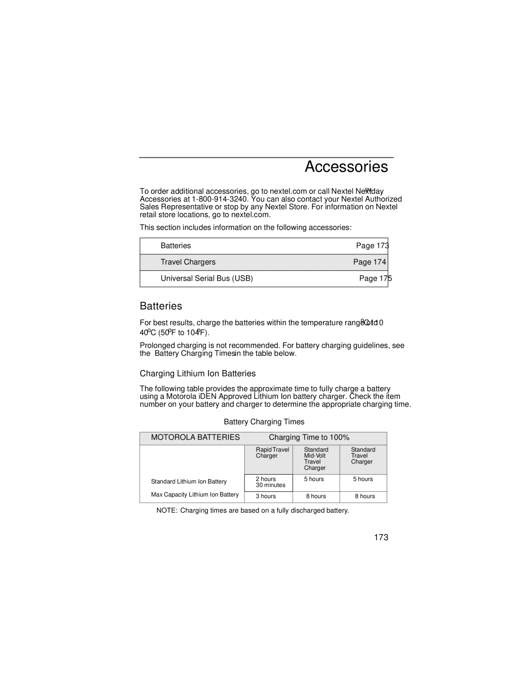 Nextel comm i58sr manual Accessories, Charging Lithium Ion Batteries, 173 