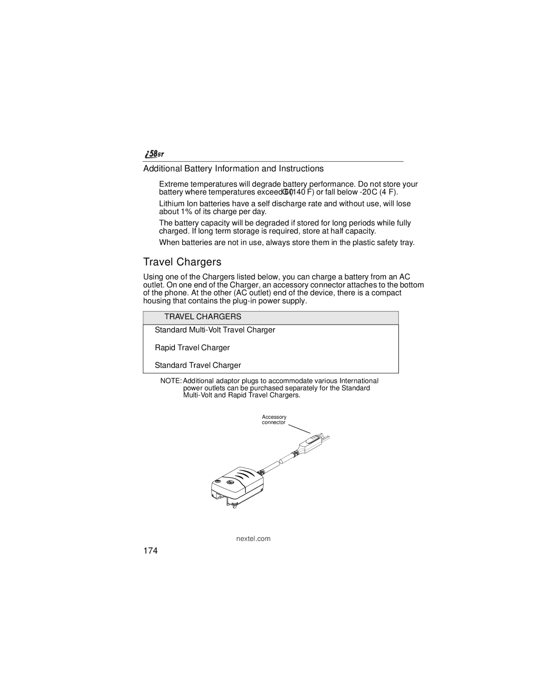 Nextel comm i58sr manual Travel Chargers, Additional Battery Information and Instructions, 174 