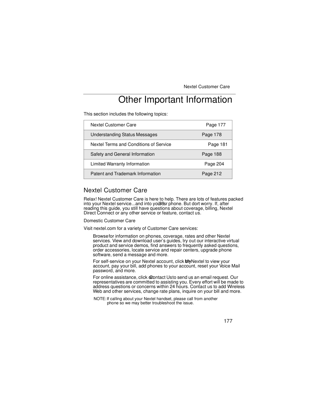 Nextel comm i58sr manual Other Important Information, Nextel Customer Care, 177, Domestic Customer Care 