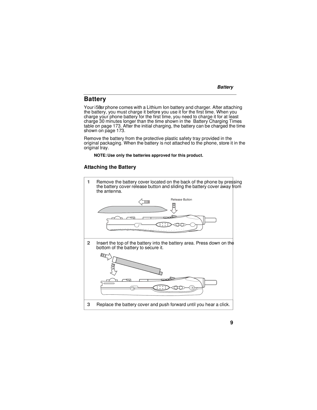 Nextel comm i58sr manual Attaching the Battery 