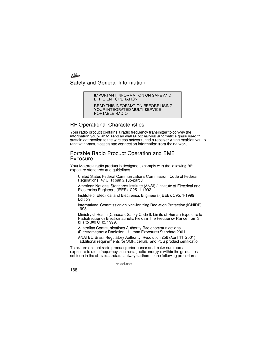 Nextel comm i58sr manual Safety and General Information, RF Operational Characteristics, 188 