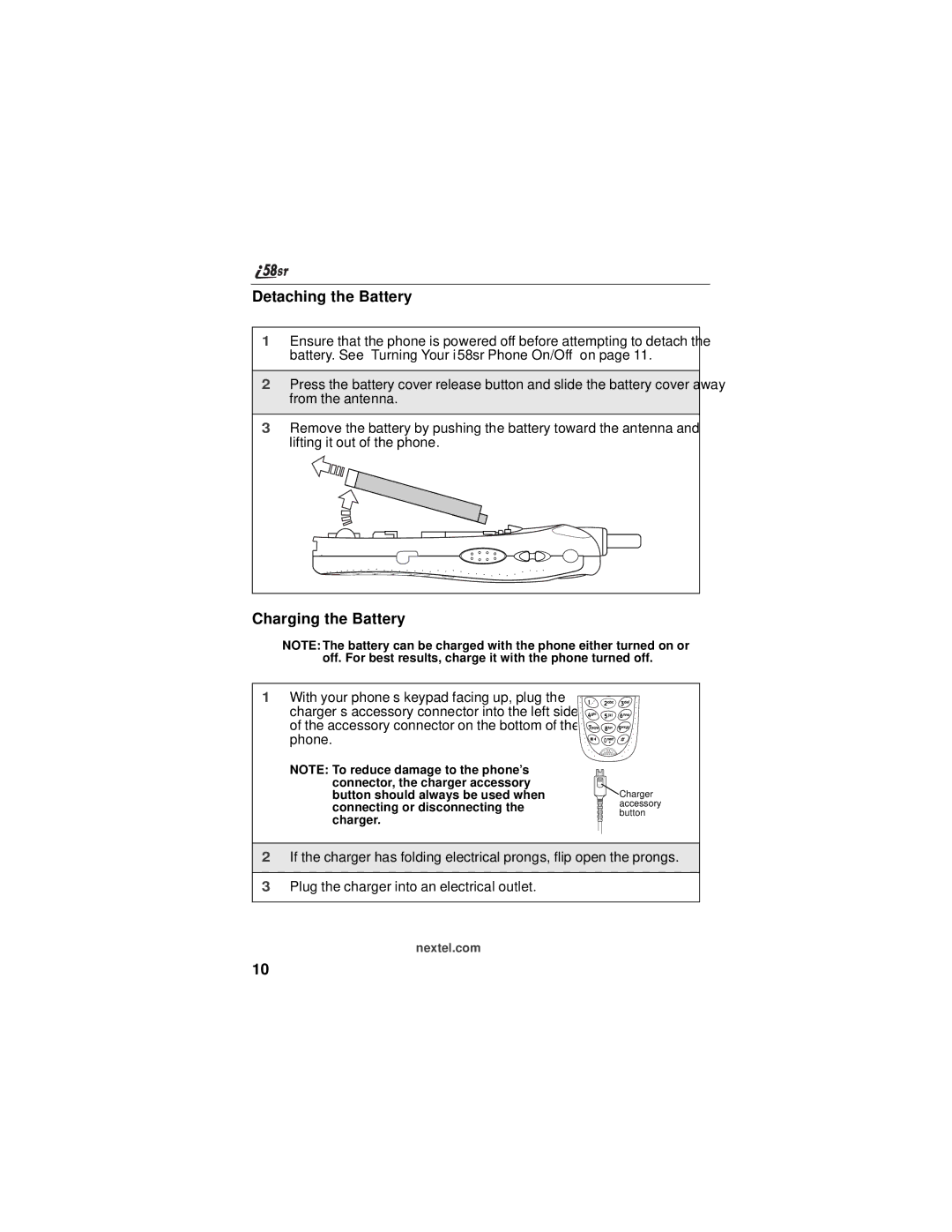 Nextel comm i58sr manual Detaching the Battery, Charging the Battery 