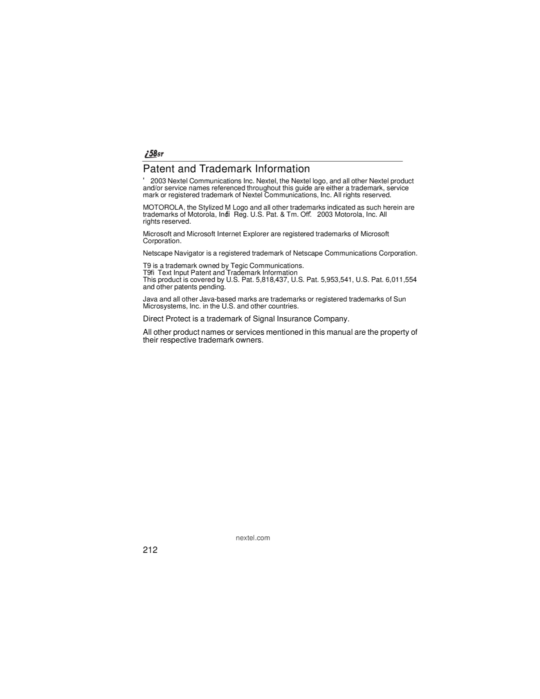 Nextel comm i58sr manual Patent and Trademark Information, 212 