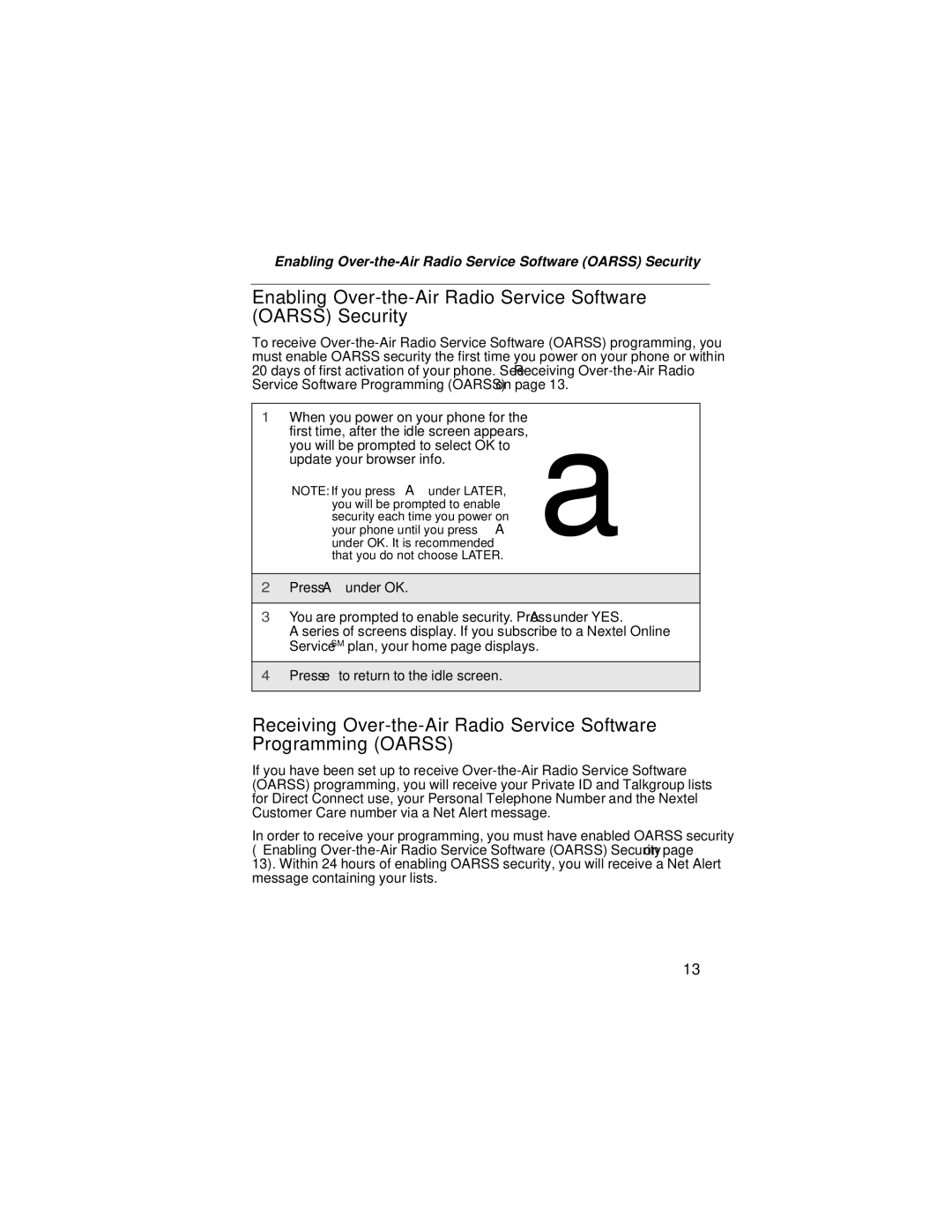 Nextel comm i58sr manual Enabling Over-the-Air Radio Service Software Oarss Security 