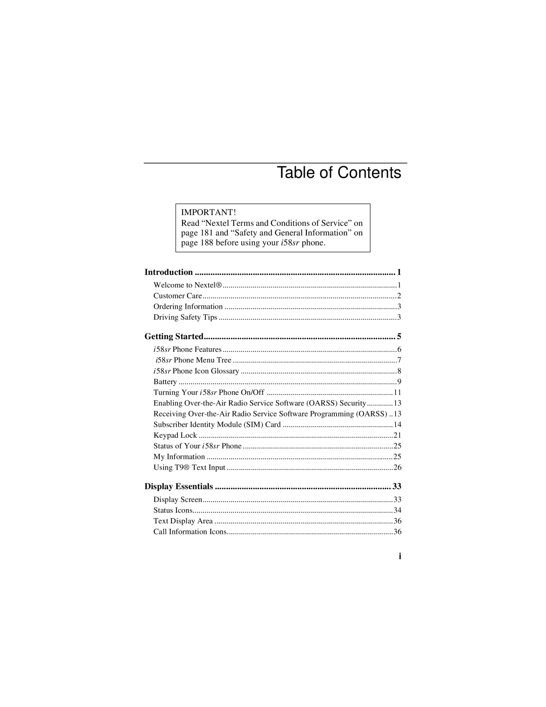 Nextel comm i58sr manual Table of Contents 