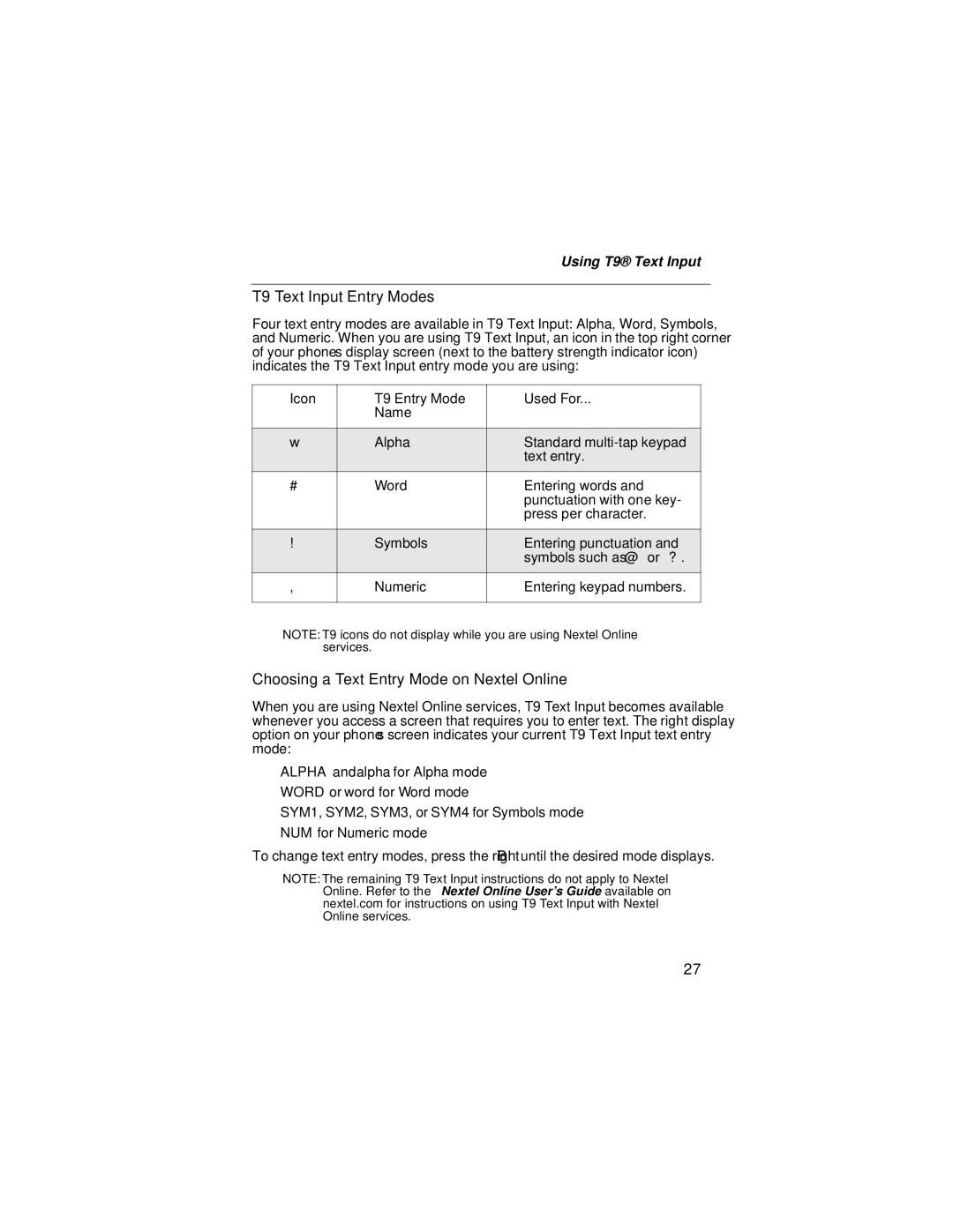 Nextel comm i58sr manual T9 Text Input Entry Modes, Choosing a Text Entry Mode on Nextel Online, Using T9 Text Input 