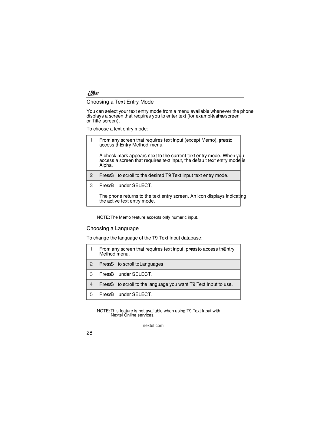 Nextel comm i58sr manual Choosing a Text Entry Mode, Choosing a Language 