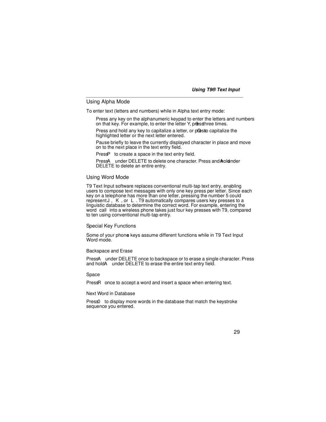 Nextel comm i58sr manual Using Alpha Mode, Using Word Mode, Backspace and Erase, Space, Next Word in Database 