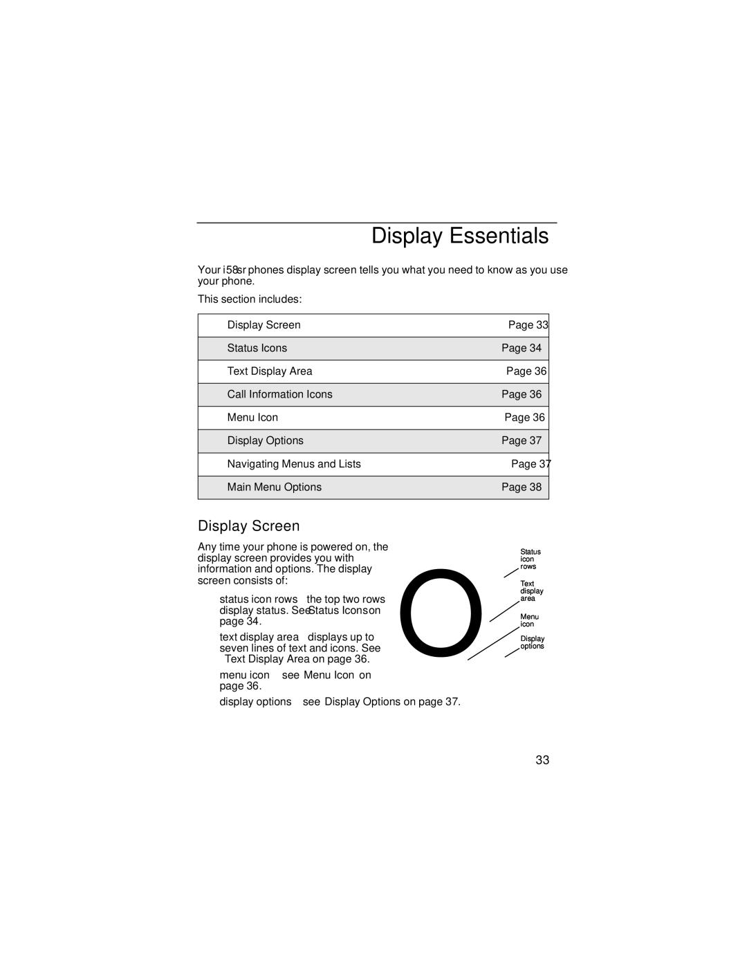 Nextel comm i58sr manual Display Essentials, Display Screen 