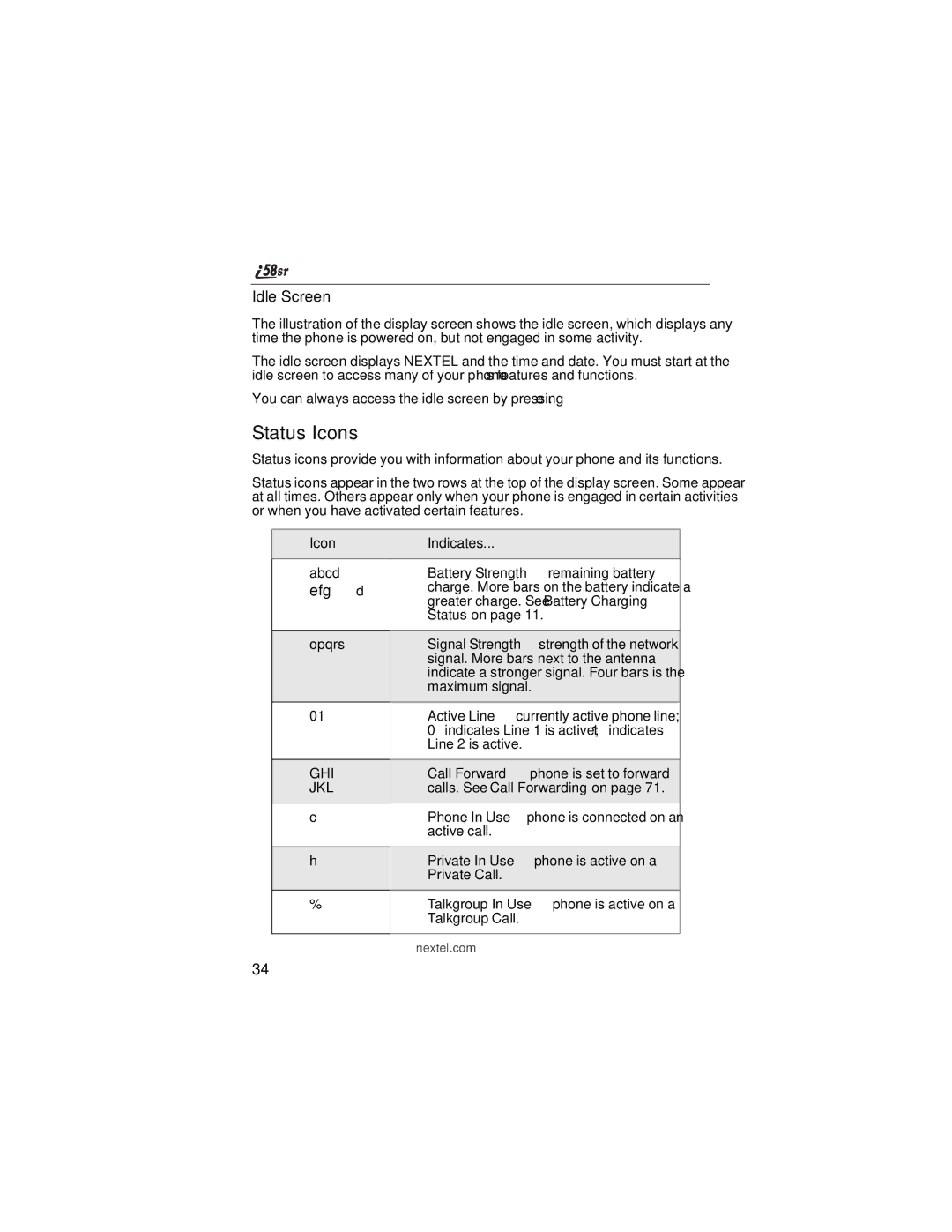 Nextel comm i58sr manual Status Icons, Idle Screen, Icon Indicates 