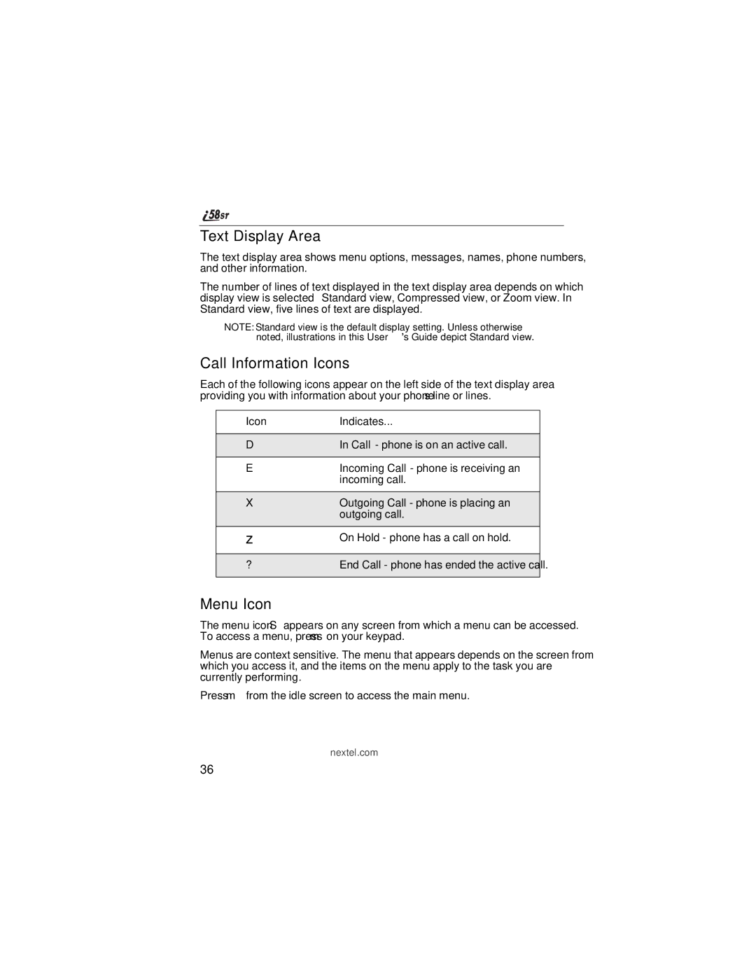 Nextel comm i58sr manual Text Display Area, Call Information Icons, Menu Icon 