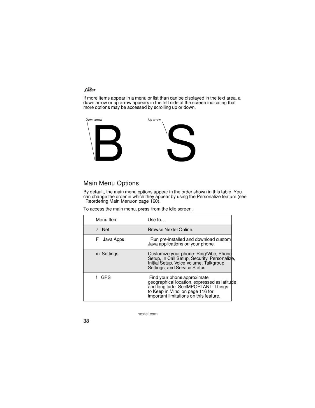 Nextel comm i58sr manual Main Menu Options, Menu Item Use to 