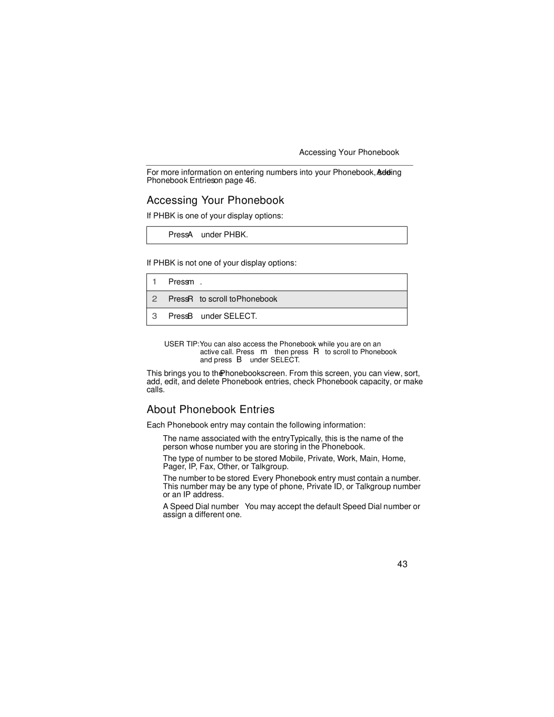 Nextel comm i58sr manual Accessing Your Phonebook, About Phonebook Entries 