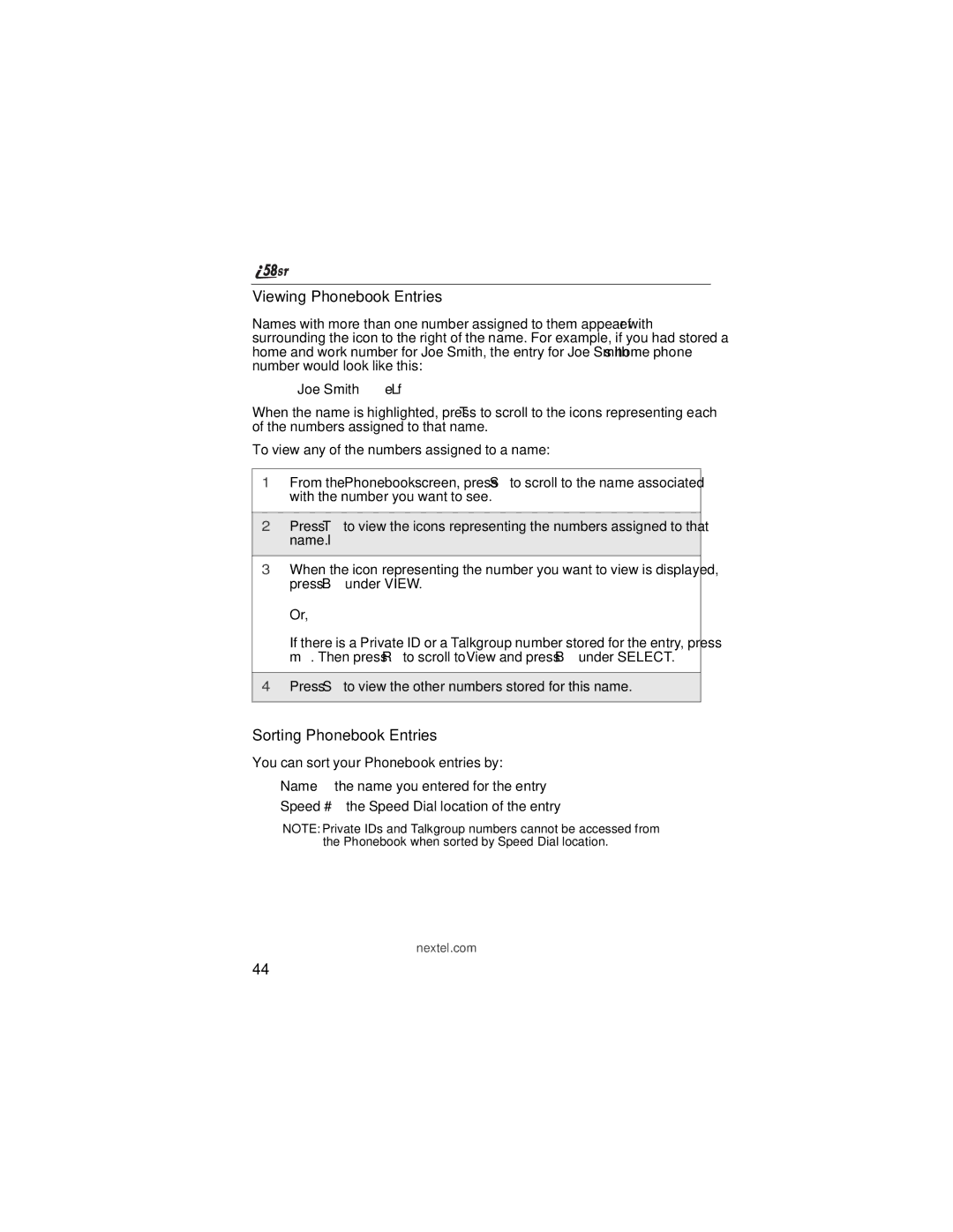 Nextel comm i58sr manual Viewing Phonebook Entries, Sorting Phonebook Entries 