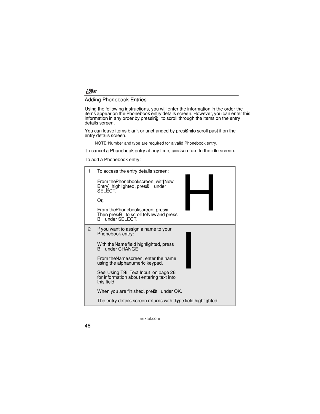 Nextel comm i58sr manual Adding Phonebook Entries 