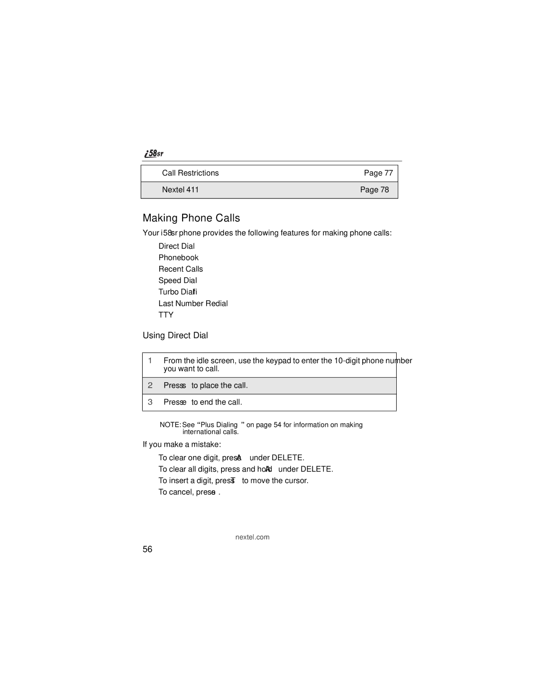 Nextel comm i58sr manual Making Phone Calls, Using Direct Dial 