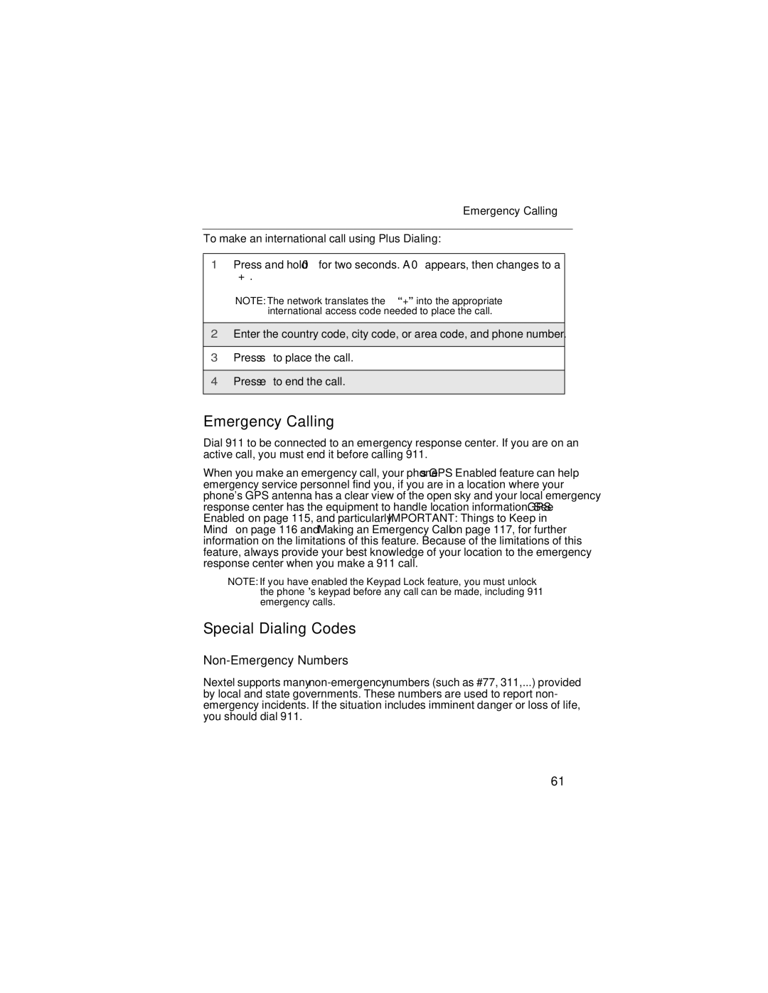 Nextel comm i58sr manual Emergency Calling, Special Dialing Codes, Non-Emergency Numbers 