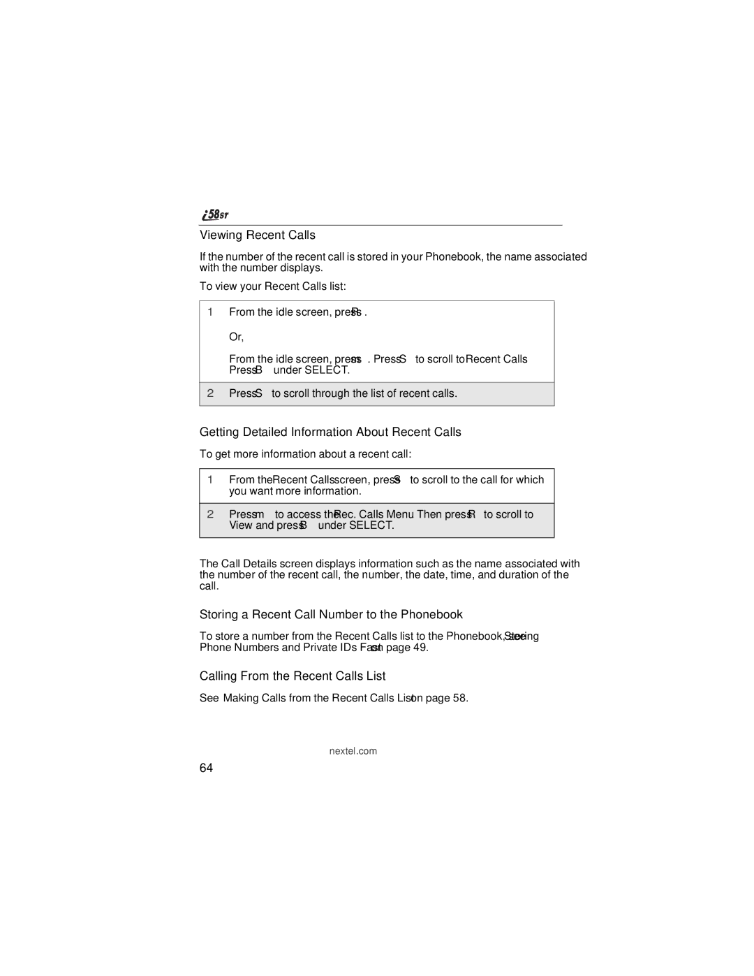 Nextel comm i58sr manual Viewing Recent Calls, Getting Detailed Information About Recent Calls 