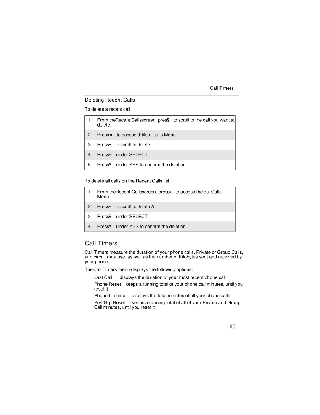 Nextel comm i58sr manual Call Timers, Deleting Recent Calls 