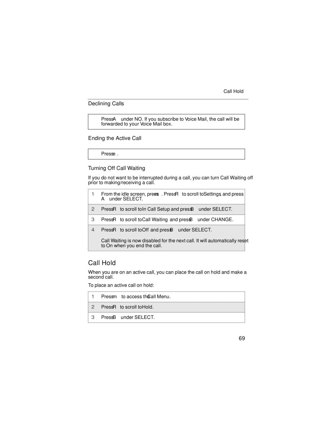 Nextel comm i58sr manual Call Hold, Declining Calls, Ending the Active Call, Turning Off Call Waiting 