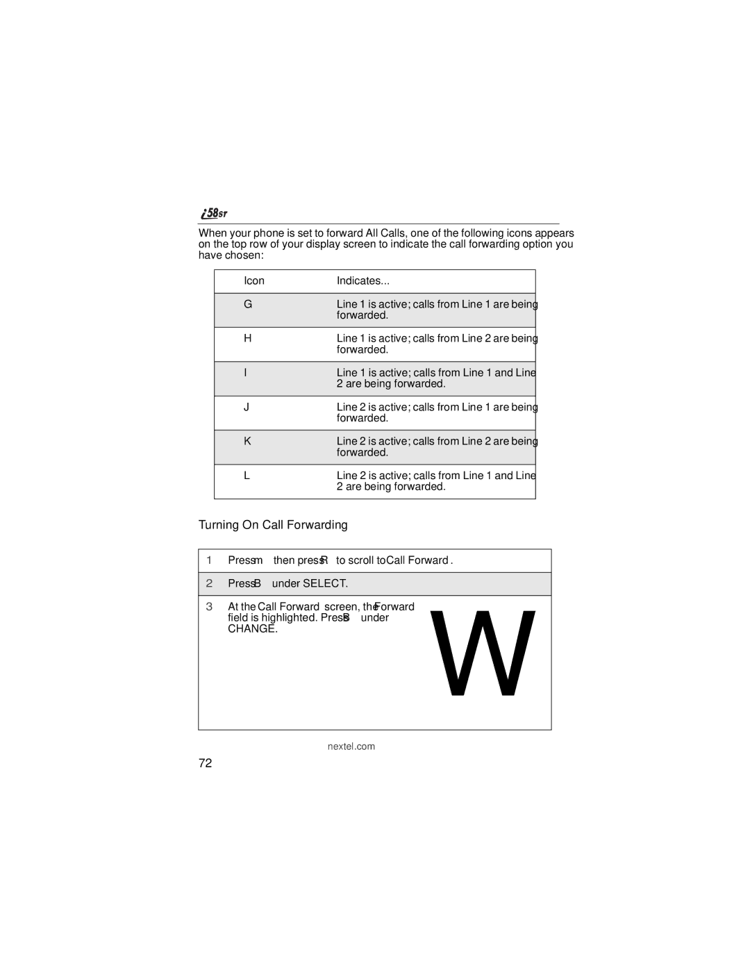 Nextel comm i58sr manual Turning On Call Forwarding, Icon Indicates 