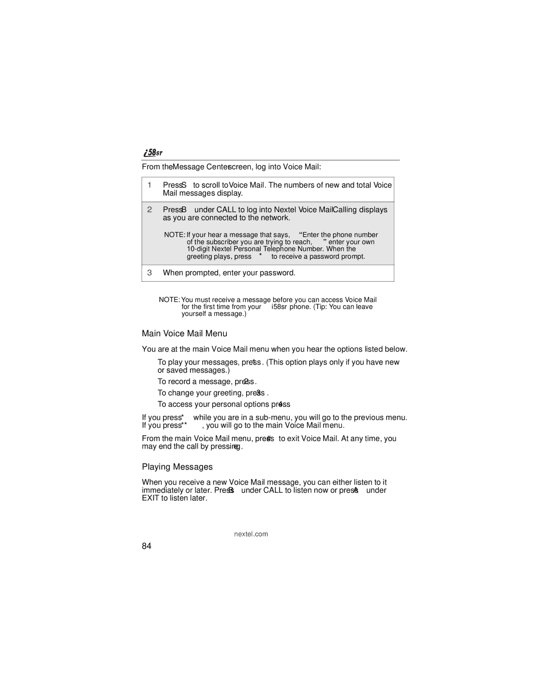 Nextel comm i58sr manual Main Voice Mail Menu, Playing Messages 